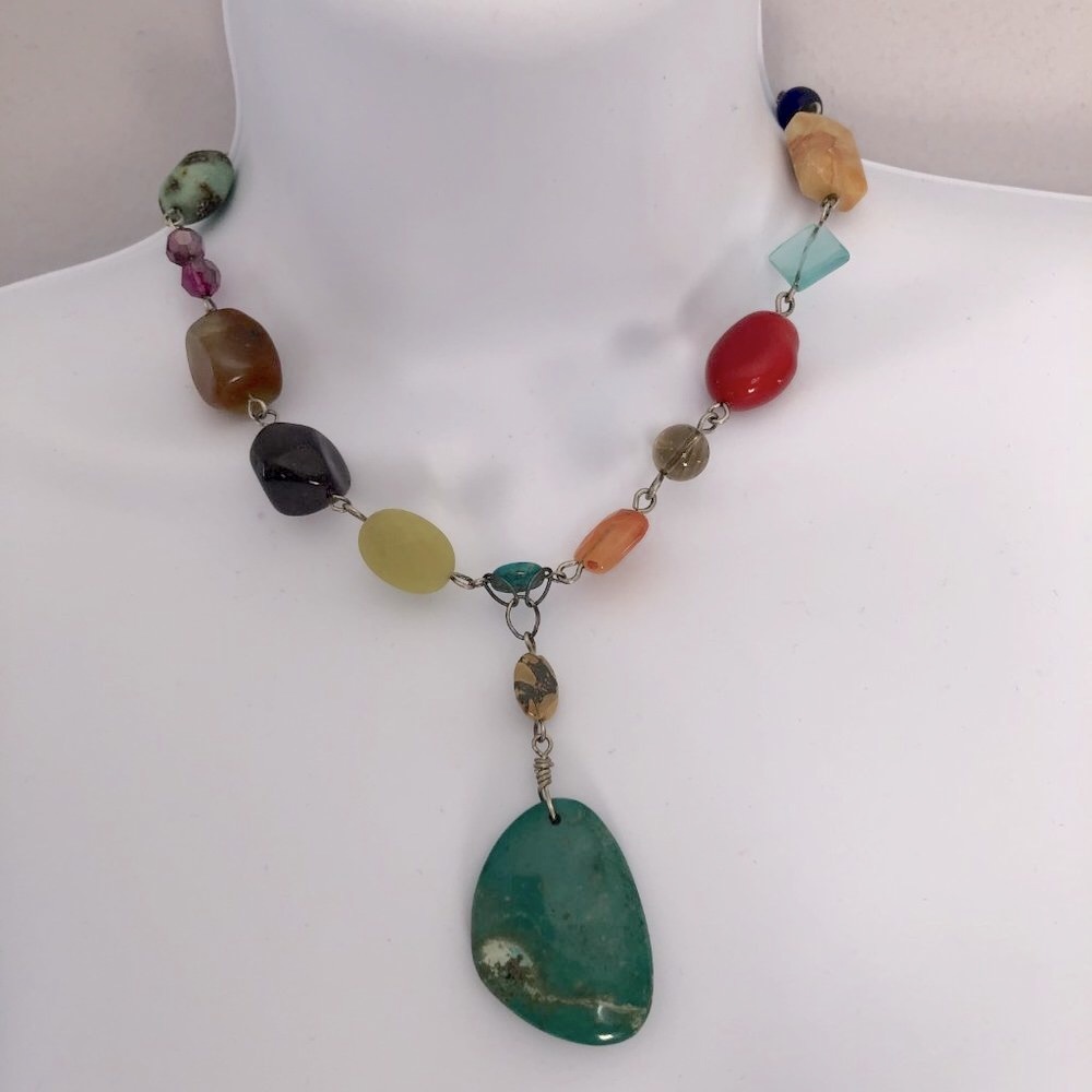 Hand-made, gorgeous, colorful, polished stone necklace with turquoise pendant